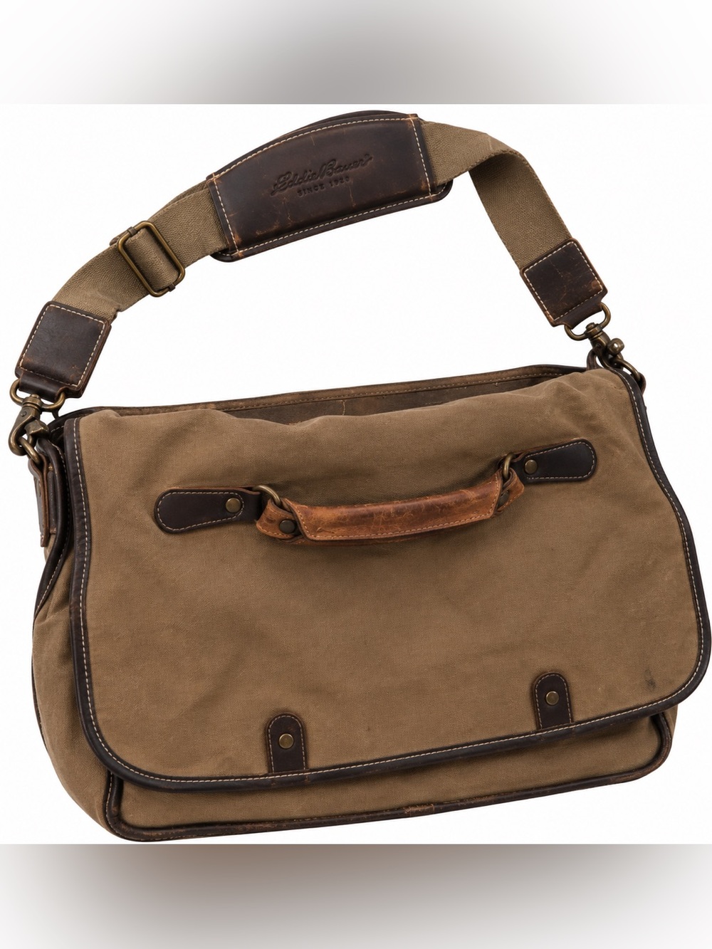 🏕️ EDDIE BAUER Heritage Canvas Leather Messenger Bag Brown Shoulder Travel 🤎